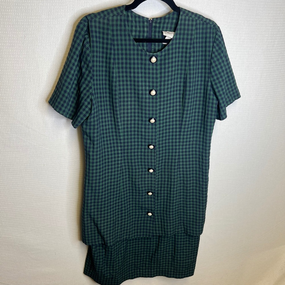 Miss Dorby Vintage 90s Green Gingham Plaid Short Sleeve Layered Dress Size 12